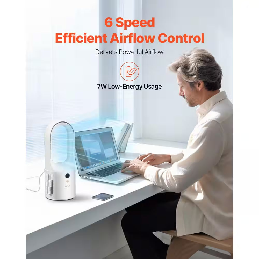 Desk Fan Bladeless 12.99 In. 6 Fan Speeds Tower Fan in White Portable Desk Fan USB Quiet Cooling Small
