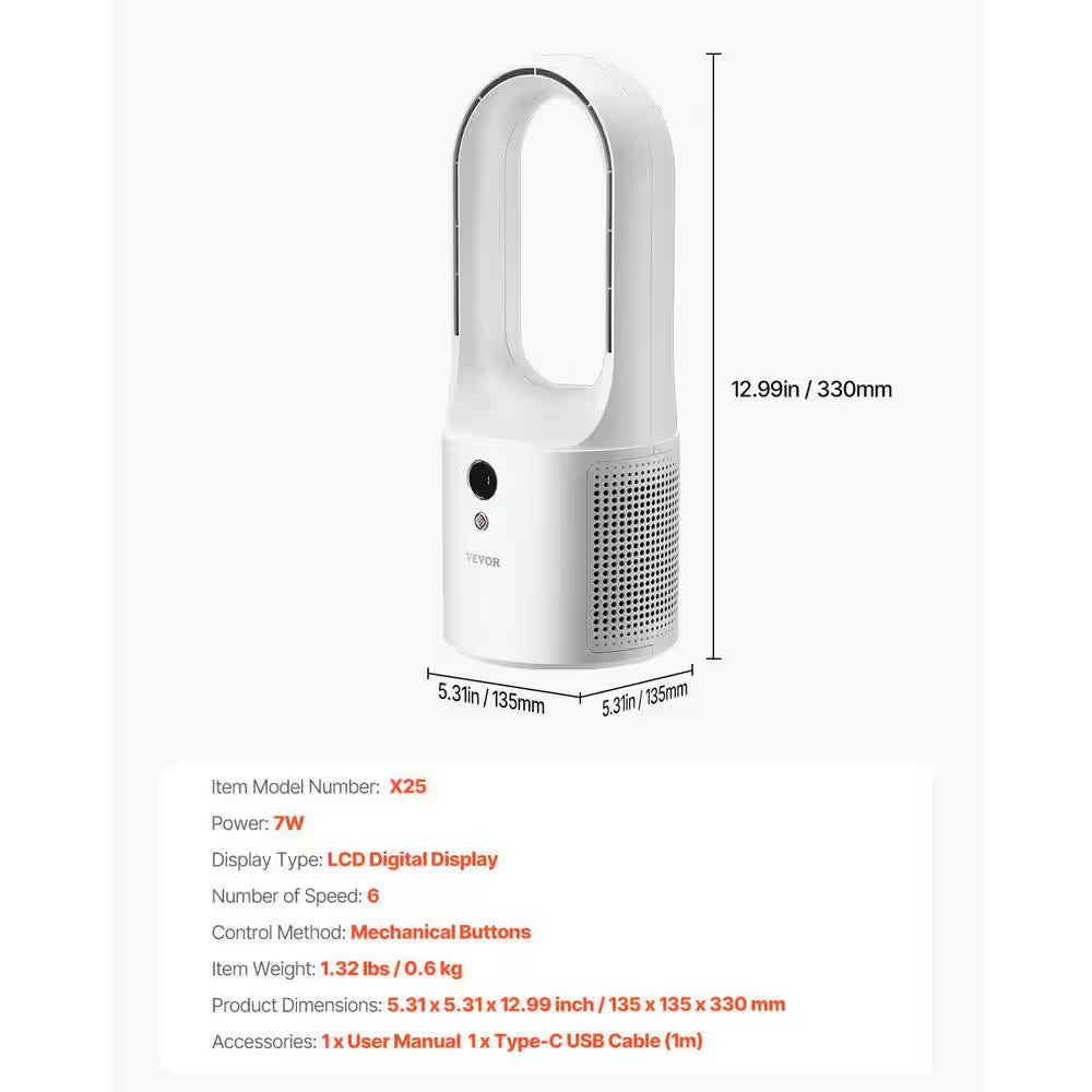 Desk Fan Bladeless 12.99 In. 6 Fan Speeds Tower Fan in White Portable Desk Fan USB Quiet Cooling Small